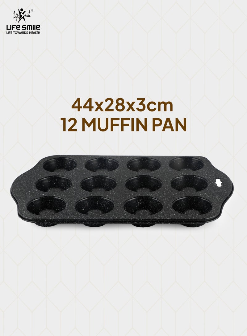 Life Smile Non-Stick Carbon Steel 12-Cup Muffin Pan with Granite Coating – Oven Safe Baking Tray - Image 2